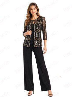 Alex Evenings Petite Small Black Gold Silver Layered Sequin Mesh Top